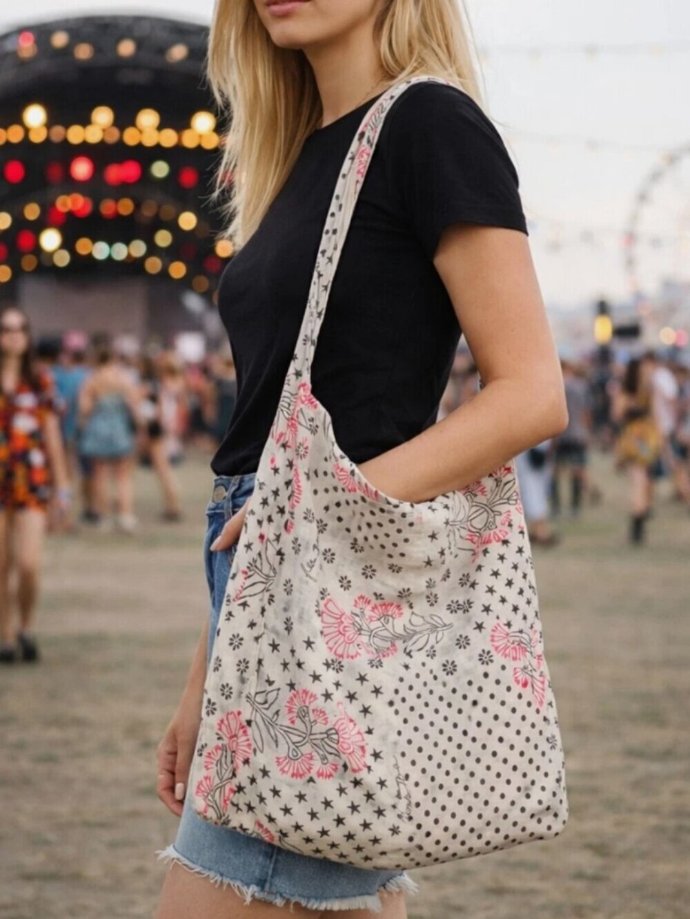 Free People Cotton Gauze Crossbody Tote Bag Cream Pink Black